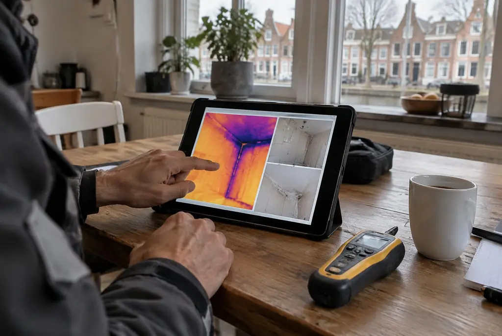 Lekdetectie Ede – lekdetectierapport met warmtebeelden en foto's op een tablet