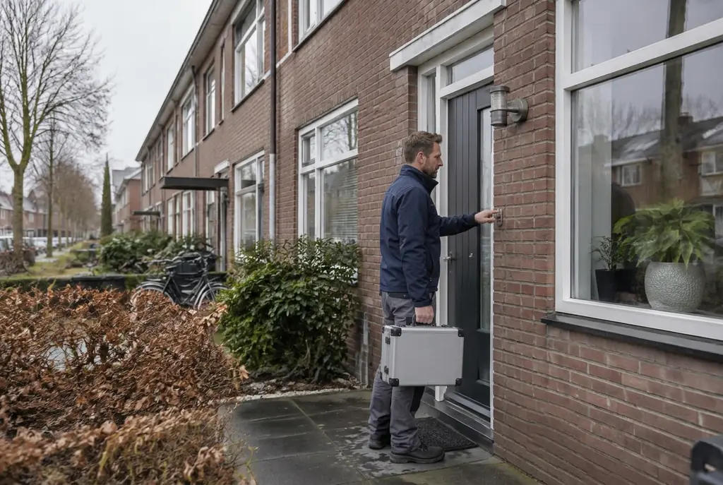 Lekdetectiespecialist met meetkoffer bij de voordeur van een woning in Ede