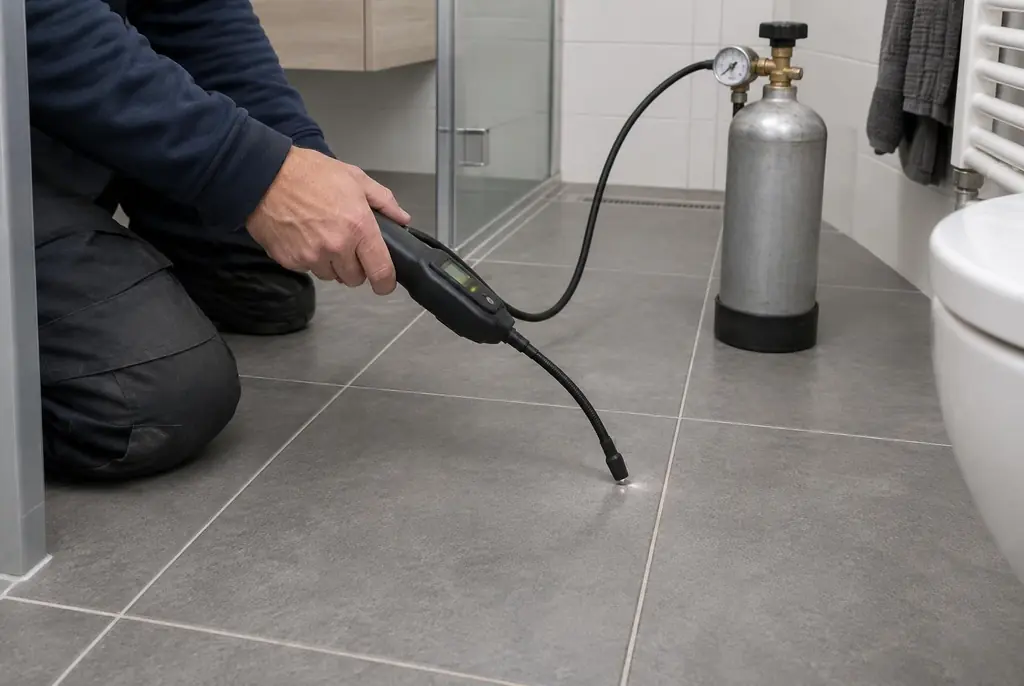 Lekdetectie Ede – technicus spoort met tracergas een lekkage op in de vloer